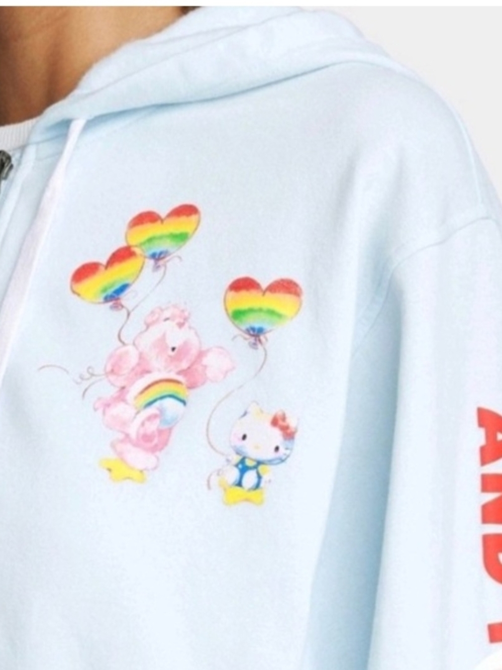 Light Blue Kids Hoodie with Rainbow Bear & Kitty Graphic
